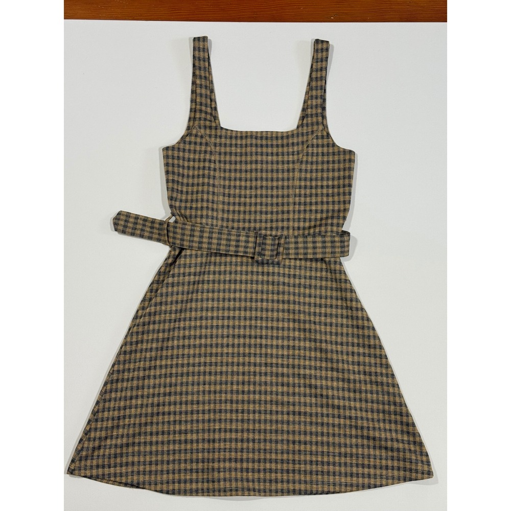 Topshop Women Yellow Black Gingham Check Belted Mini Pinafore Dress US 4